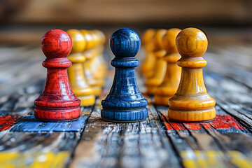 Colorful chess pawns on wooden texture, inclusion and diversity 