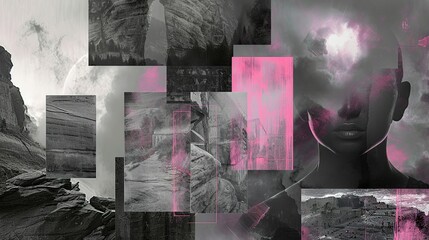 Emotional moodboard grid style composition pink and grey