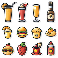 The image features a collection of twelve stylized food and beverage icons