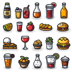 The image features a collection of twelve stylized food and beverage icons