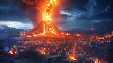 Dramatic volcanic eruption looming over urban skyline, city engulfed in flames and ash
