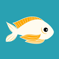 Cute hand drawn cartoon character white and yellow fish vector illustration isolated on blue background