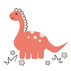 cute hand drawn cartoon character red dinosaur funny vector illustration with daisy flowers isolated on white background	