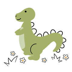 cute hand drawn cartoon character green dinosaur funny vector illustration with daisy flowers isolated on white background