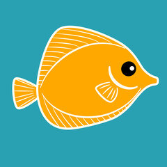 Cute hand drawn cartoon character yellow fish vector illustration isolated on blue background