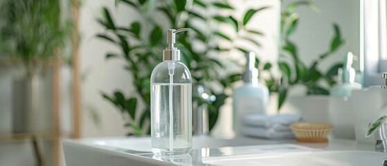 A shiny glass bottle of hand soap sits neatly on a white bathroom counter. - obrazy, fototapety, plakaty
