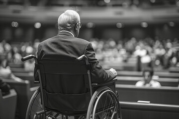 Obraz premium Senior attendee in wheelchair at conference hall