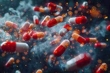 Antibiotic pill capsules are levitation in the air. Healthcare and medical concept - obrazy, fototapety, plakaty