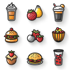 The image features a collection of twelve stylized food and beverage icons