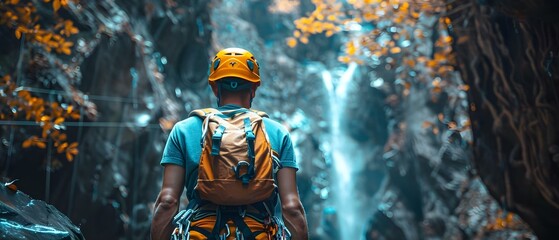 Adventurer Gazing at Waterfall - A Prelude to Thrill. Concept Nature Photography, Adventure Portrait, Waterfall Explorations, Exciting Moments - obrazy, fototapety, plakaty