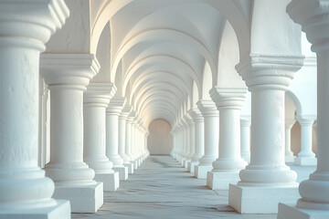 Fototapeta na wymiar A delightful architectural tunnel of white columns. Archway. Ancient arches architecture detail of old building