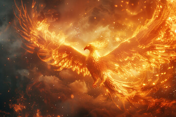 Fire burning Phoenix Bird. phoenix in fire, phoenix rising, fiery bird, phoenix rising from the ashes, wallpaper of a phoenix, phoenix warrior. Fantasy wallpaper - obrazy, fototapety, plakaty