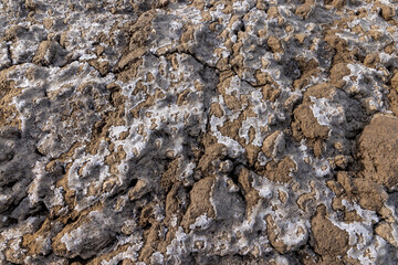 plowed frozen ground in the winter season with cracks