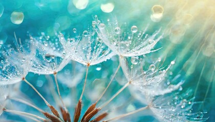 Dandelion Seeds in droplets of water on blue and turquoise beautiful background with soft focus in...