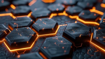 A 3D illustration of dark hexagonal small shapes with glowing edges, presenting a futuristic vibe - obrazy, fototapety, plakaty