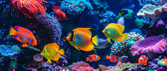 Colorful tropical fish swimming among coral reef, showcasing vibrant hues and diverse marine life.