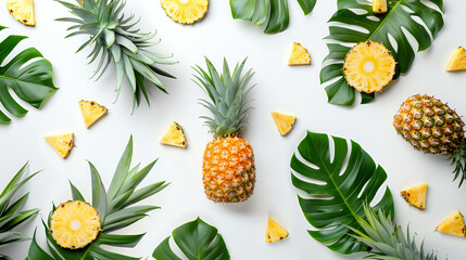Top view and flat isolated creative pattern with pineapple leaves on white background