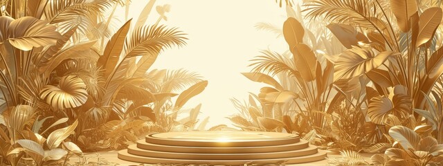 Fototapeta na wymiar abstract tropical background with golden podium and palm leaves for product presentation in the style of luxury. Golden mockup stage design concept.