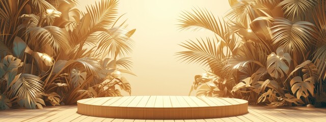 abstract tropical background with golden podium and palm leaves for product presentation in the style of luxury. Golden mockup stage design concept. 