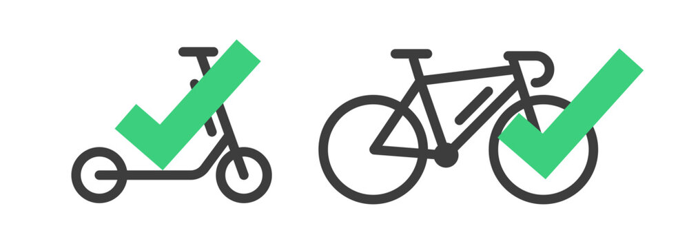 Bicycle and kick scooter check mark icon vector graphic illustration set, line outline stroke bike available approve symbol modern simple sign design, option select checkmark permission image clip art