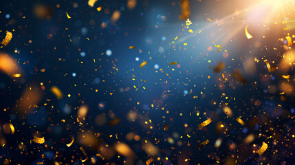 Festive Gold Sparkles and Confetti on Dark Blue, Joyful Celebration Background with Copy Space