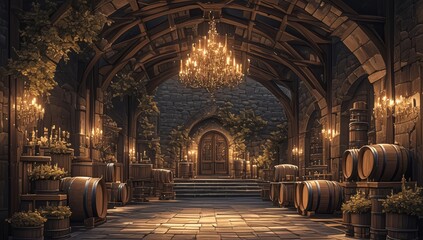 Obraz premium An ancient, dimly lit wine cellar with high ceilings and stone floors, filled with wooden barrels of aged oak in various shapes and sizes. 