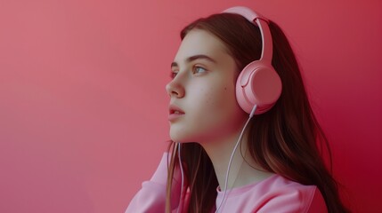 A stunning girl casting a glance sideways, headphones adorning her head, against a minimalist solid-colored background