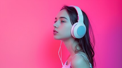 A stunning girl casting a glance sideways, headphones adorning her head, against a minimalist...