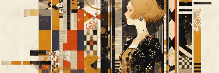 Art Deco style portrait of an elegant woman with geometric patterns and bold lines. The background is a collage of vintage newspaper clippings and abstract shapes