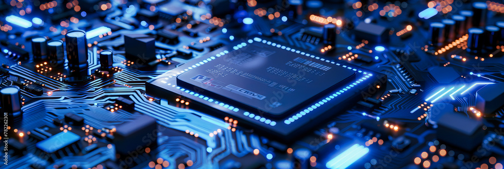 Poster microchip and circuit board detail, close-up of digital electronics and processor components in tech