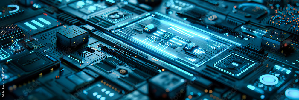 Poster microchip and circuit board details, close-up view of digital technology and computer engineering