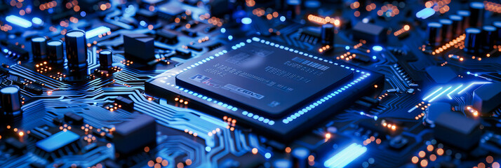 Microchip and Circuit Board Detail, Close-Up of Digital Electronics and Processor Components in Technology - obrazy, fototapety, plakaty