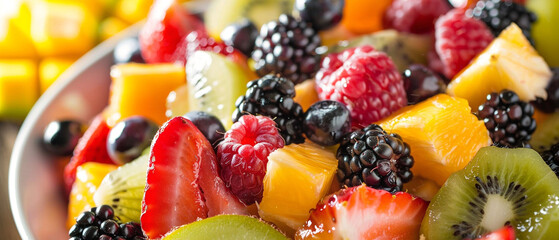A colorful fruit salad featuring a variety of vibrant and ripe fruits in a bowl. - obrazy, fototapety, plakaty