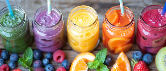 Colorful fruit smoothie with strawberries, kiwi, blueberries, and oranges in a vibrant rainbow...