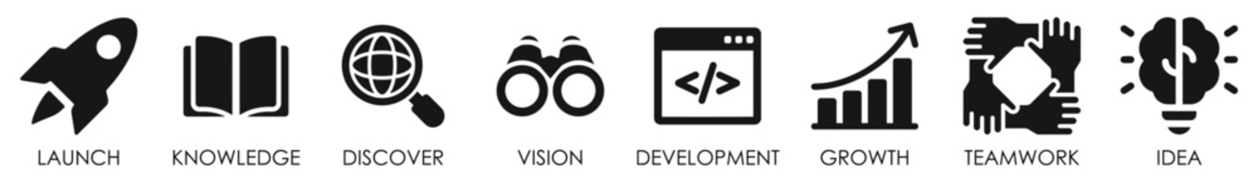 Startup abstract icons set. Starting business symbols flat 8 icons collection. Launch, development, growth, idea