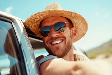Handsome caucasian man wearing sunglasses and sun straw hat traveling by car and enjoying road trip.