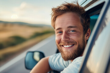 Cheerful man leaning out of car's window during road journey. 