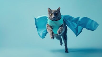 A superhero cat, adorned in a blue cloak and mask, leaps gracefully across a light blue backdrop