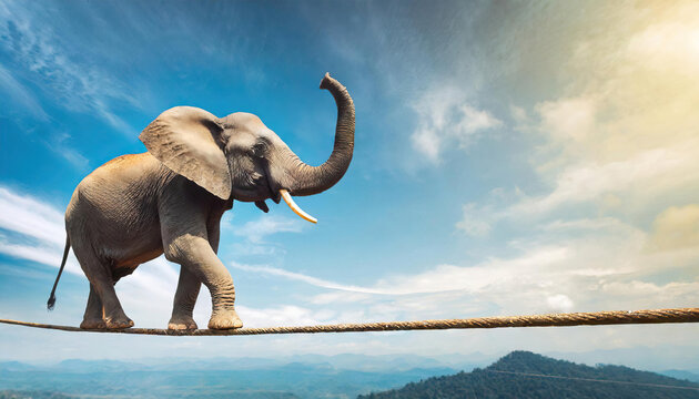 Elephant balancing on tightrope - Life balance, stability, concentration, risk, equilibrium concept