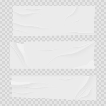 Glued sticky set white skotch tape paper stripe. Crumped surface label, mockup sticker. Rectangle piece, wrapped page on transparent background.