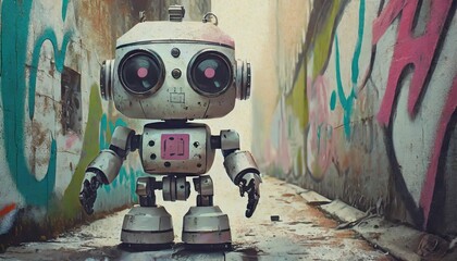 cute robot near graffiti wall