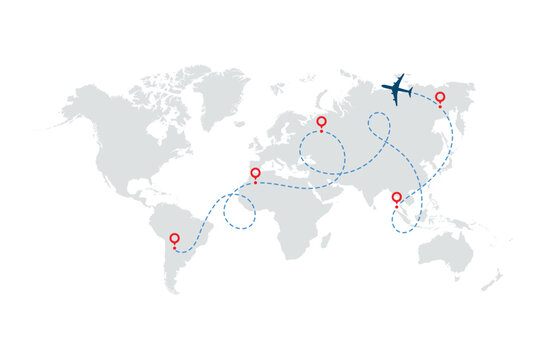 Airplane path in dotted line shape on the world map, World map of airline airplane flight path travel plans. Tourism and travel. Vector illustration