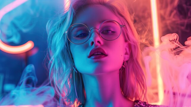 Amidst the surreal ambiance of neon lights and billowing smoke, a trendy young girl with blond hair and glasses exudes confidence