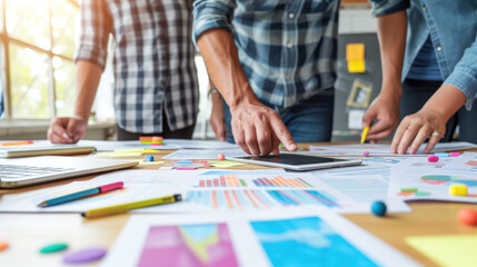 Collaborative team analyzing data with charts and digital tablet in a strategic business meeting.