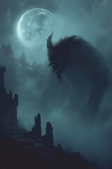 Creeping shadow beast lurking in the foggy ruins of an old city, under the pale light of a crescent moon