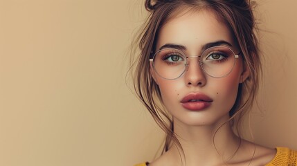 Confident young woman with stylish glasses posing against a neutral-toned background with ample copy space