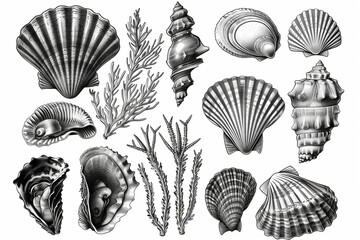 Shellfish seafood, hand drawn set. Oysters, mussels, scallop and other. Engraving style