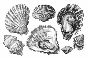 Shellfish seafood, hand drawn set. Oysters, mussels, scallop and other. Engraving style