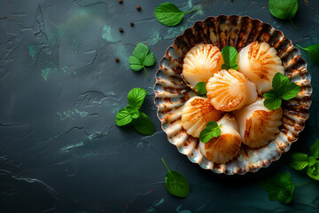 Fresh scallop shell seafood meal snack on the table copy space food background rustic top view