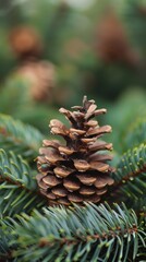 Close-up of pine cones on evergreen branches